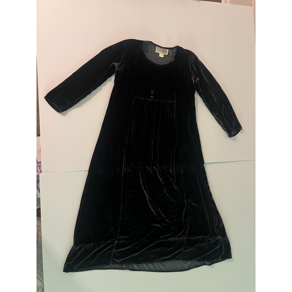 Vintage T.T. Mar Silk Babydoll Dress Womens Large Black Velvet Midi Grunge Gems